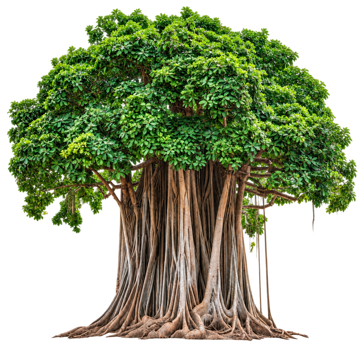 A Chinese banyan with a broad green canopy, hanging aerial roots, a textured trunk and spreading roots